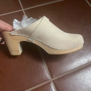 Neutral Beige Slip-On Leather Clog Heels